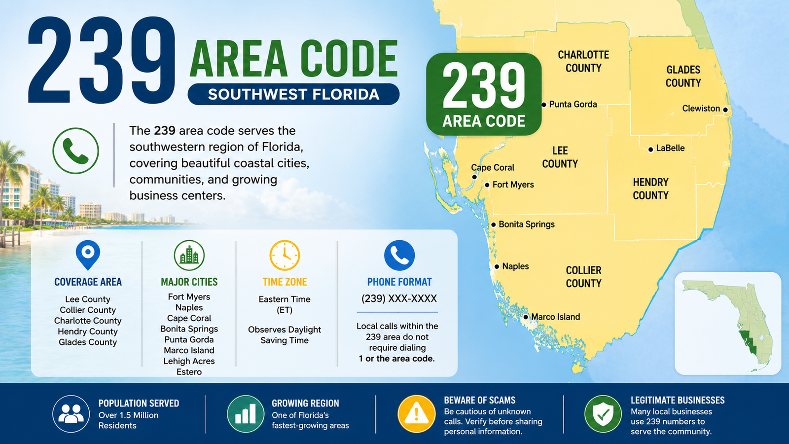 239 area code map and phone coverage area in Southwest Florida